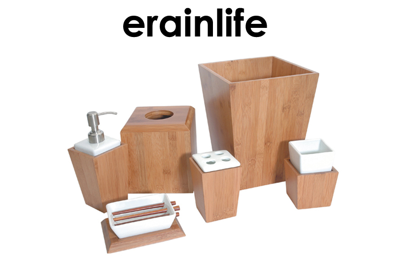 Natural Bamboo Bathroom Accessory Set of 8 pcs Spa Shower Collection Brown Color