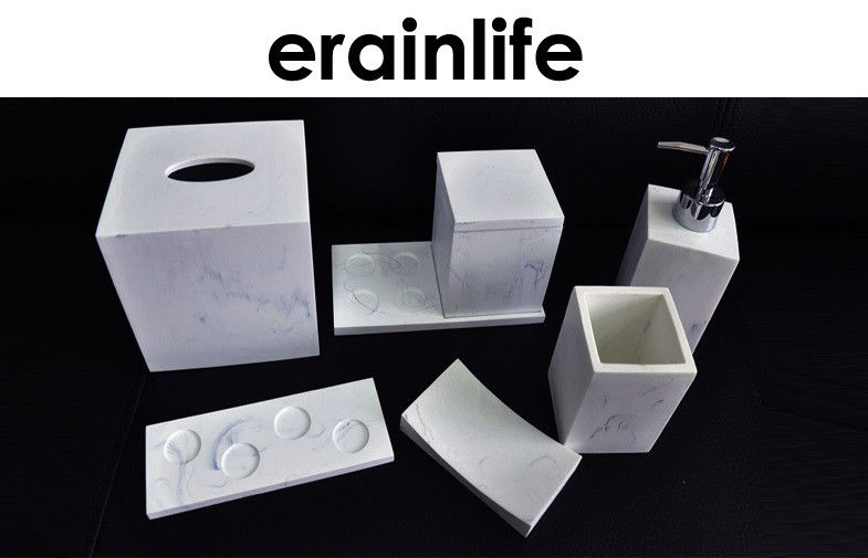 Hotel Bathroom Accessory Set Polyresin Material Marble Effect Finish White Color
