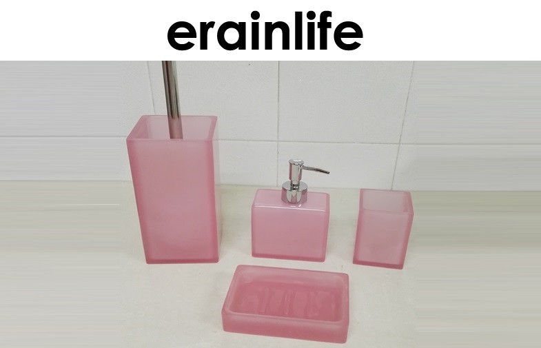 Pink Bathroom Accessory Set with square lotion soap dispenser tumbler soap dish
